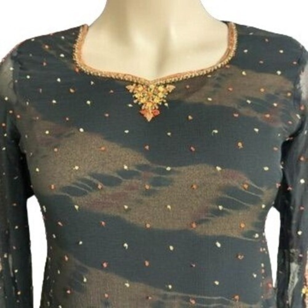 Vtg Beaded Sequined Sheer‎ Tunic Top XL Black Split Tie Sleeves Dark Whimsygoth - Picture 11 of 15